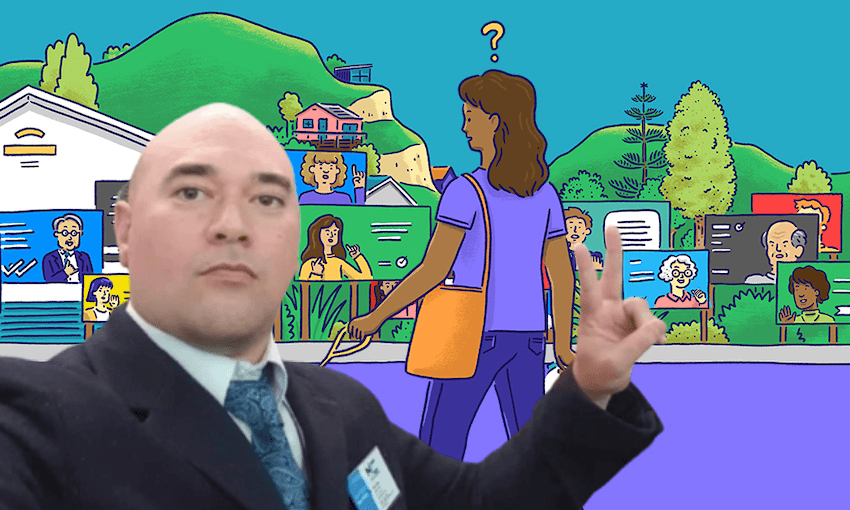 New Conservative deputy leader Elliot Ikilei takes a selfie, 2018, and the Policy.nz artwork, 2020 (Images: Facebook/Ezra Whittaker) 
