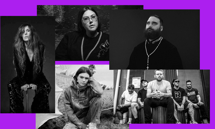 From left to right, the 2020 Silver Scrolls nominees: Reb Fountain, Benee, Nadia Reid, Troy Kingi, L.A.B. (Image: Tina Tiller) 
