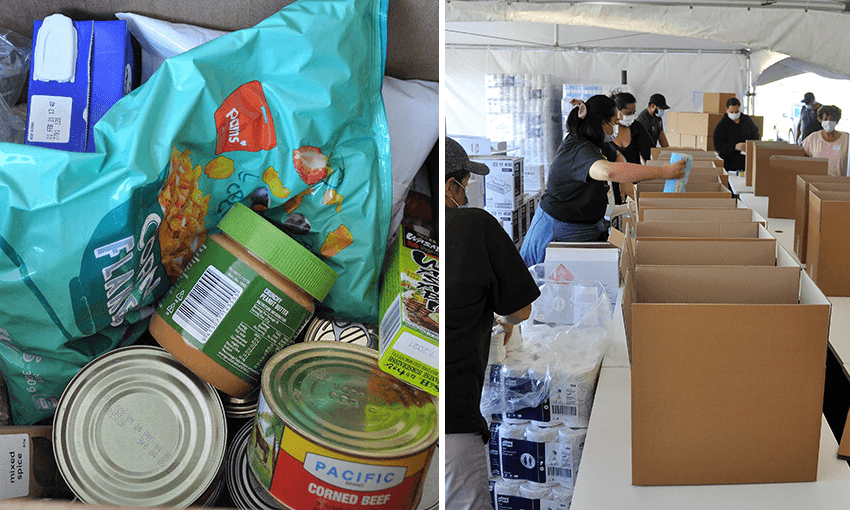R: The food bank at Nga Whare Waatea in Māngere (Photo: Supplied) 
