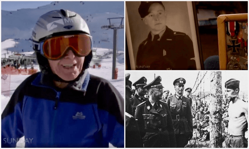 Willi Huber on Mt Hutt in the 2017 Sunday programme; a photo of Huber as a Nazi soldier and his medals, also from Sunday; and Heimrich Himmler, head of the Waffen-SS, inspecting a prisoner-of-war camp in Russia in 1940/41 (WWII photo: Getty Images)  
