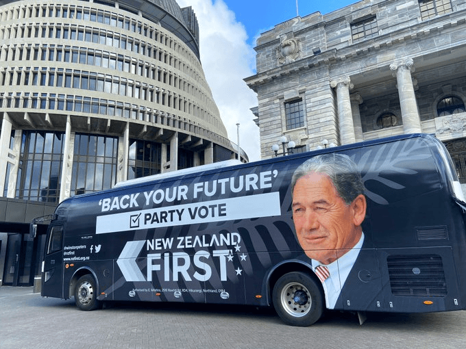 The Winston Peters battle bus outside parliament in 2020. (Photo: Justin Giovannetti) 
