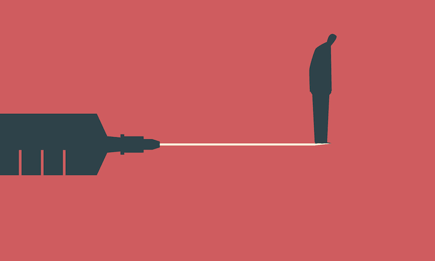 Illustration of a small figure standing on the very end of a syringe needle and looking down.