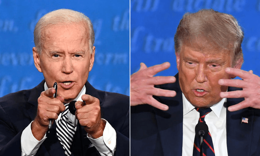 Democratic Presidential candidate Joe Biden (L) and US President Donald Trump speak during the first presidential debate in Cleveland, Ohio on September 29, 2020. (Photos: Jim WATSON and SAUL LOEB / AFP via Getty Images) 
