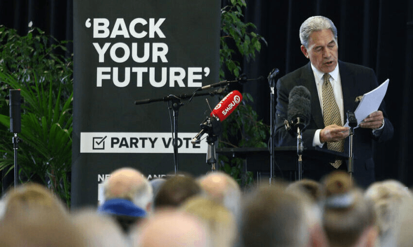 Winston Peters addresses a meeting in Invercargill in July. (Photo by Dianne Manson/Getty Images)