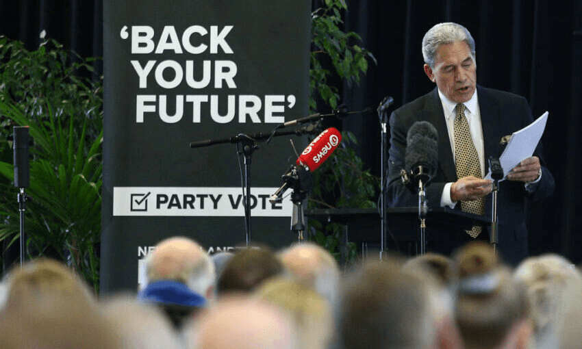 Winston Peters addresses a meeting in Invercargill in July. (Photo by Dianne Manson/Getty Images) 

