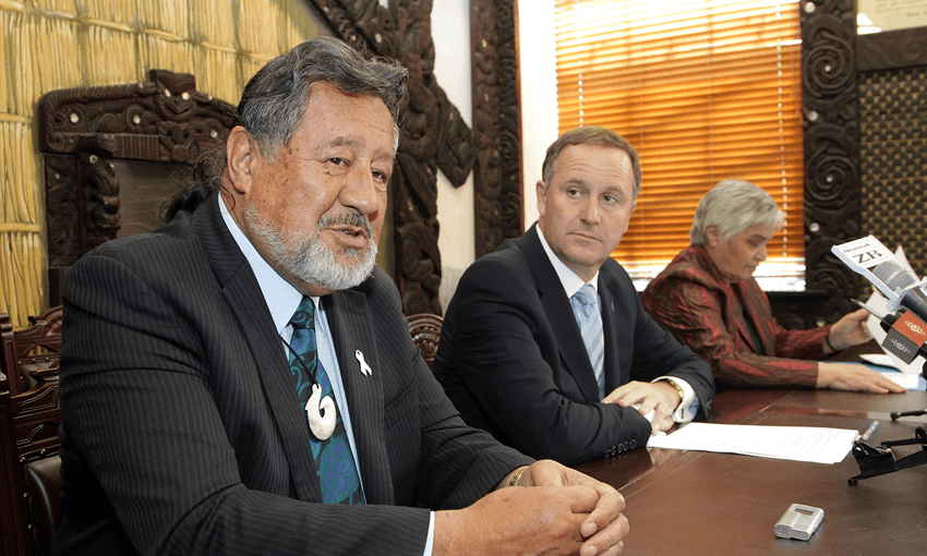 Maori party co-leaders  Pita Sharples and Tariana Turia with Prime Minister John Key after signing a confidence and supply agreement in 2011 (Photo by Marty Melville/Getty Images) 
