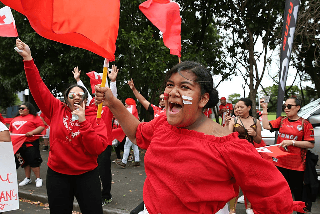 Fans before Tonga’s semi-final match at the 2017 Rugby League World Cup. (Photo: Getty).  
