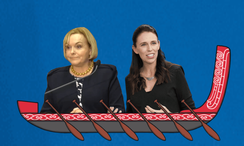 Judith Collins and Jacinda Ardern in a cartoon waka with the caption "He waka eke... nah. "