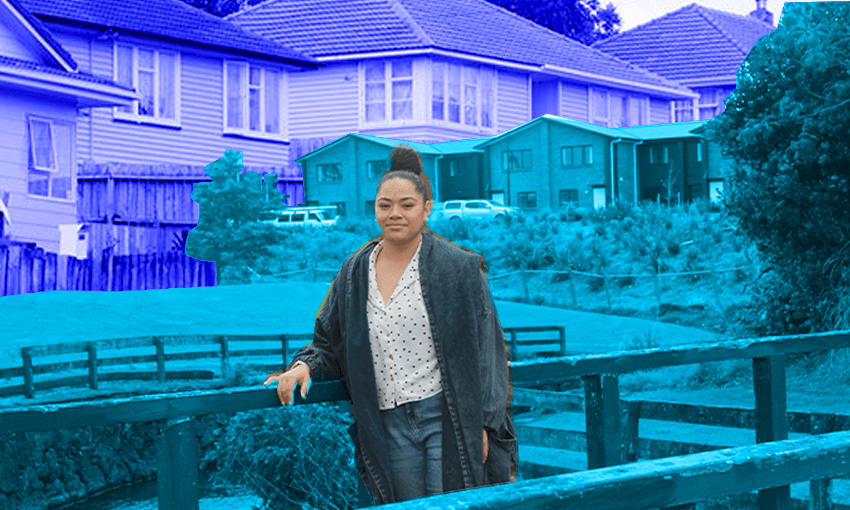 Liz Filimoemaka on the bridge that stands between her neighbourhood and the new housing development in Wiri. (Photo: Justin Latif/Tina Tiller) 
