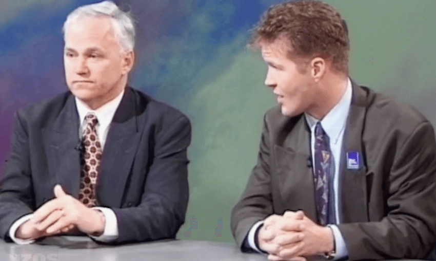 Richard Prebble and Mark Thomas during a TV debate (Screenshot, NZ on Screen)  
