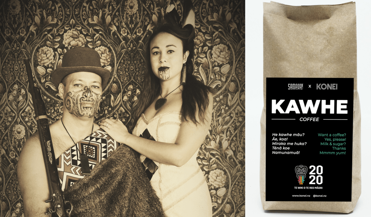 Paully and Jessica Rawiri own Samāori and this week they’re selling special Te Wiki o te Reo Māori coffee and tea products (Photos: Supplied) 
