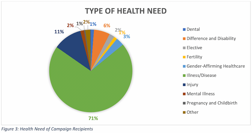 Graph describing the types of health needs of people using crowdfunding for health issues.