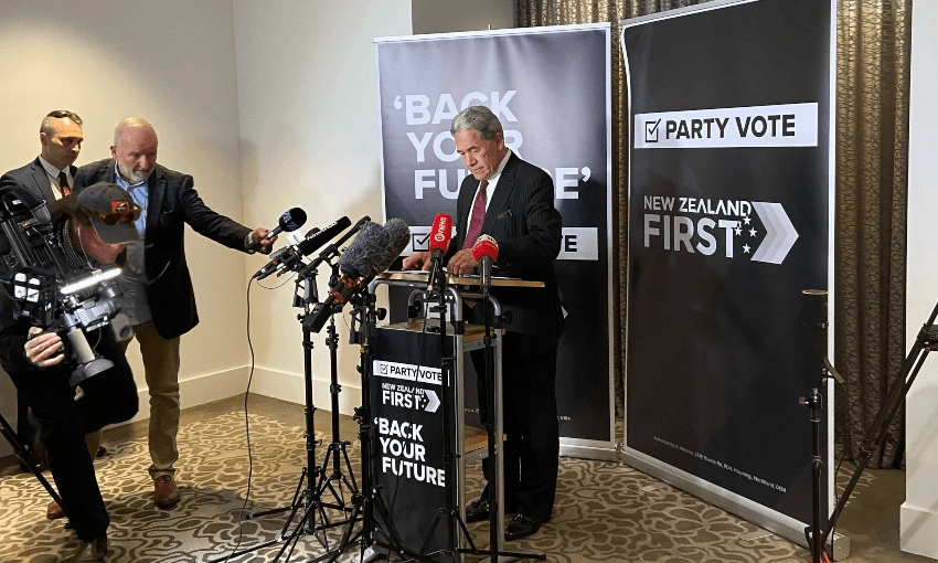 Winston Peters getting ready to address a press conference (Stewart Sowman-Lund) 
