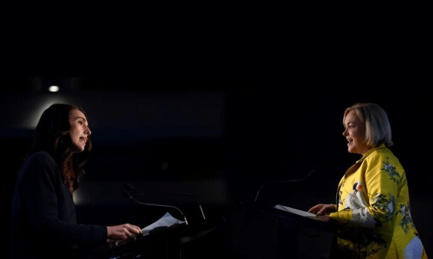 Jacinda Ardern and Judith Collins during the 2020 campaign. Photos: Hannah Peters/Getty Images. Photomontage: The Spinoff 
