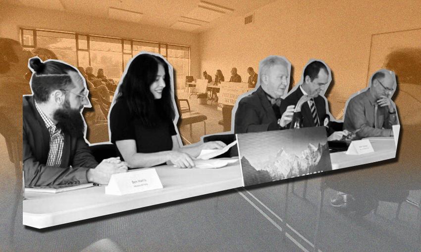 From left: Ben Harris, Sue Grey, moderator Mark Thompson, Simon Gutschlag, and Deon Claassens, at the Nelson minor party debate (Image: Alex Braae/Jihee Junn)  
