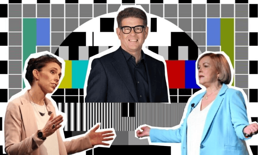 John Campbell moderates the first debate between Jacinda Ardern and Judith Collins on TVNZ. Photos: Getty; TVNZ 
