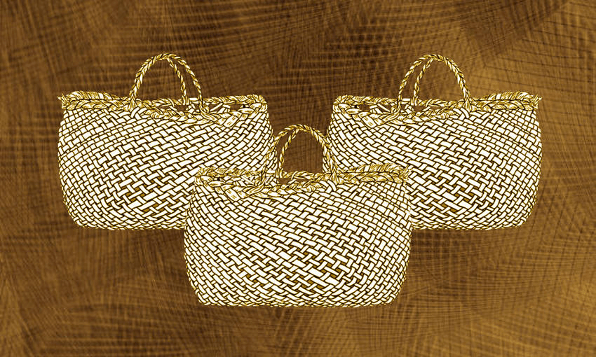 Three kete, or woven flax bags, on a brown background, representing the three kete of knowledge in Māori lore.