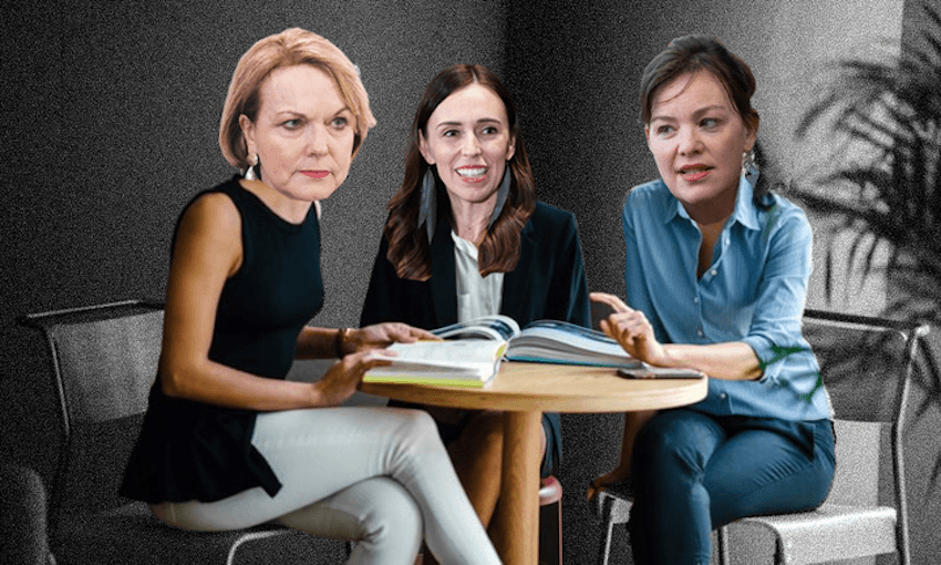 Judith Collins, Jacinda Ardern and Julie Anne Genter sitting around a table chatting about not-women (Image: Tina Tiller) 

