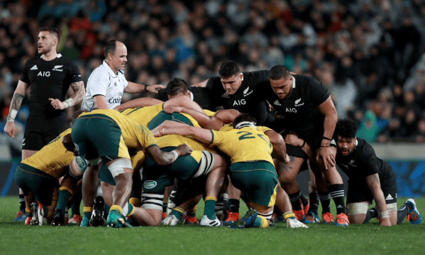 A scrum packs down between Australia and the All Blacks in the 2019 Rugby Championship (Getty Images) 

