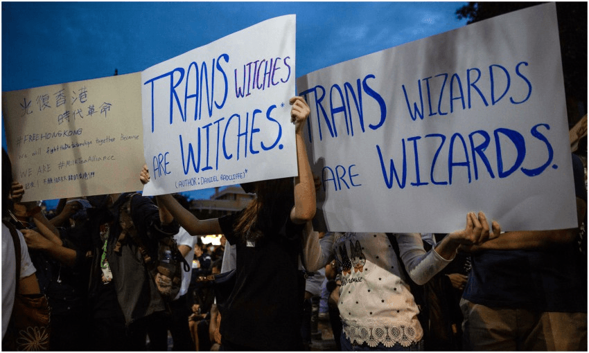 August 3, Bangkok, Thailand: anti-Rowling signs at a Harry Potter-themed pro-democracy rally (Photo: Lauren DeCicca/Getty Images) 
