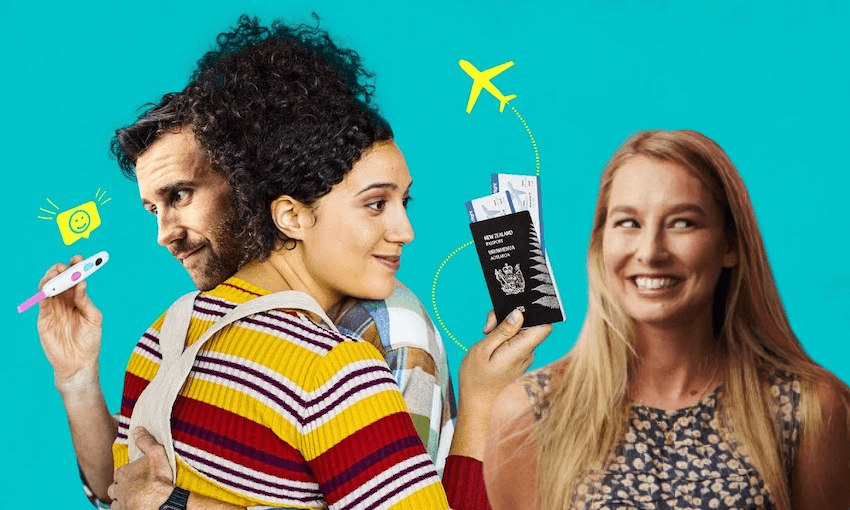 Baby Done writer Sophie Henderson, right, and the film’s stars Matthew Lewis and Rose Matafeo 
