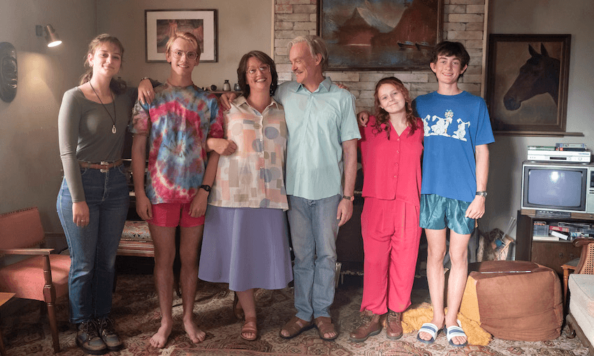 From left to right, the cast of TVNZ’s Black Hands: Amelia Elliott, Richard Crouchley, Luanne Gordon, Joel Tobeck, Lucy Currey and Angus Stevens. (Photo: TVNZ)