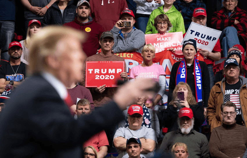 Supporters listen as US President Donald Trump speaks during a Make America Great Again rally in Green Bay, Wisconsin, April 27, 2019. (Photo credit: SAUL LOEB/AFP via Getty Images) 
