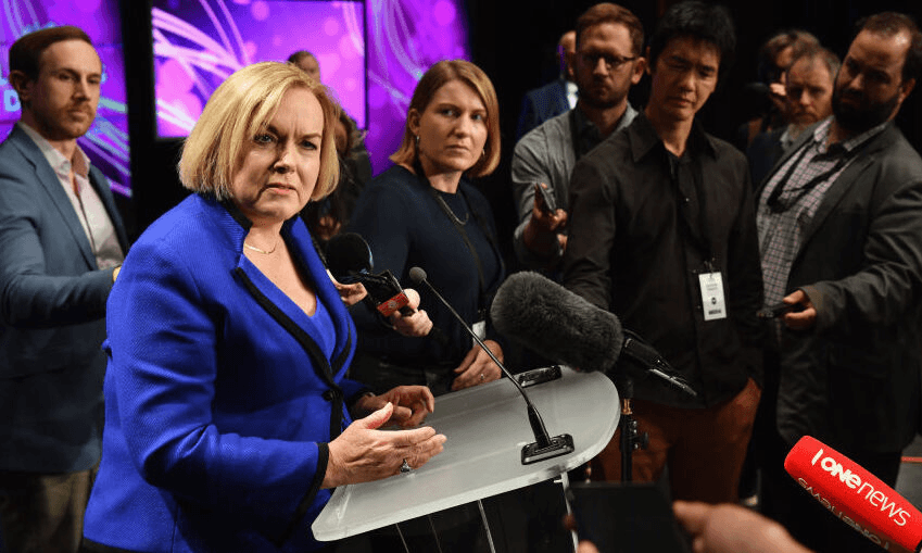 Judith Collins speaks to media following The Press Leaders Debate/ Photo by Kai Schwoerer/Getty Images)