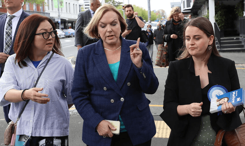 Judith Collins walks Ponsonby Road with Melissa Lee and Emma Mellow. Janet Wilson follows in the background. (Photo: Phil Walter/Getty Images) 

