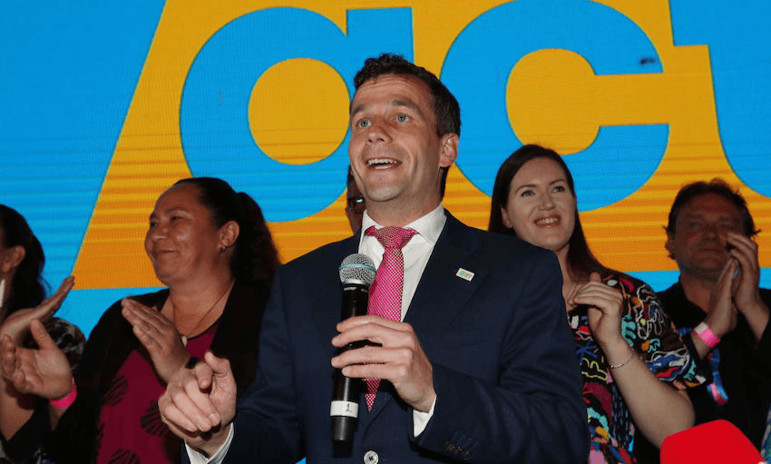 ACT leader David Seymour celebrates with his party on election night in Auckland. Photo: Greg Bowker/Getty Images 
