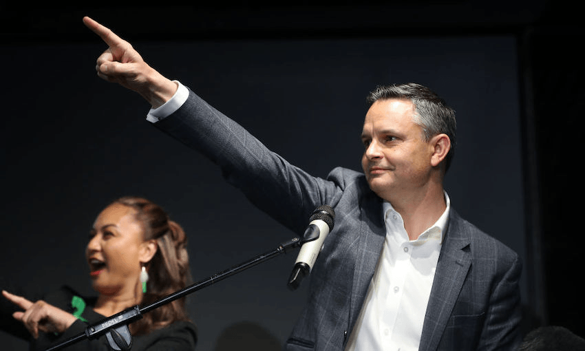 Greens Party co-leaders Marama Davidson and James Shaw greet supporters during the Greens Party’s election night function (Photo: Phil Walter/Getty Images) 

