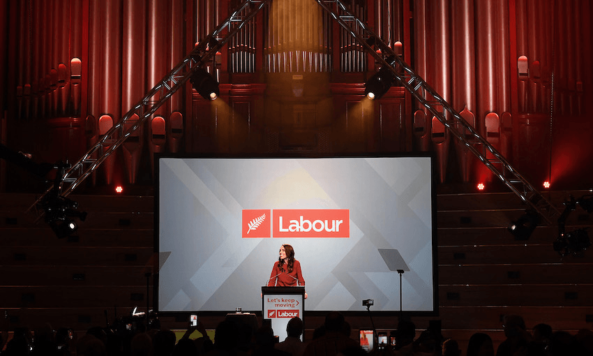 Jacinda Ardern celebrating Labour’s victory on election night at the Town Hall in Auckland (Photo: Hannah Peters/Getty Images) 
