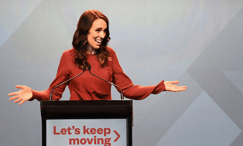 Jacinda Ardern speaks at the Auckland Town Hall fresh from winning the 2020 election. (Photo by Hannah Peters/Getty Images) 
