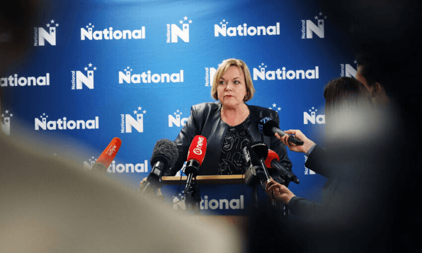 Judith Collins speaks to media on Sunday following a defeat in the general election. Photo: Lynn Grieveson/Getty Images 
