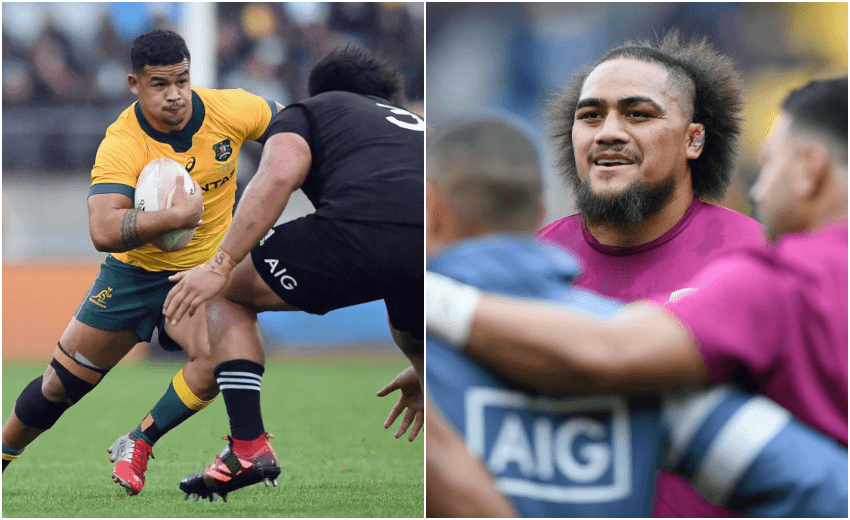 Oikoumene Paisami and Ofa Tu’ungafasi (pictured right in his warm-up gear) are rivals now, but used to both represent Māngere College’s First XV. (Photo: Getty Images) 
