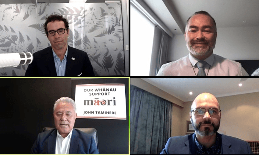 Geoff Simmons of TOP, Billy Te Kahika Jnr of Advance NZ, Vernon Tava of Sustainable NZ and John Tamihere of the Māori Party (Screenshot: Business NZ)