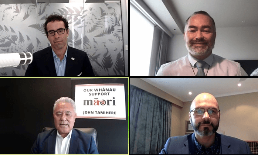 Geoff Simmons of TOP, Billy Te Kahika Jnr of Advance NZ, Vernon Tava of Sustainable NZ and John Tamihere of the Māori Party (Screenshot: Business NZ) 
