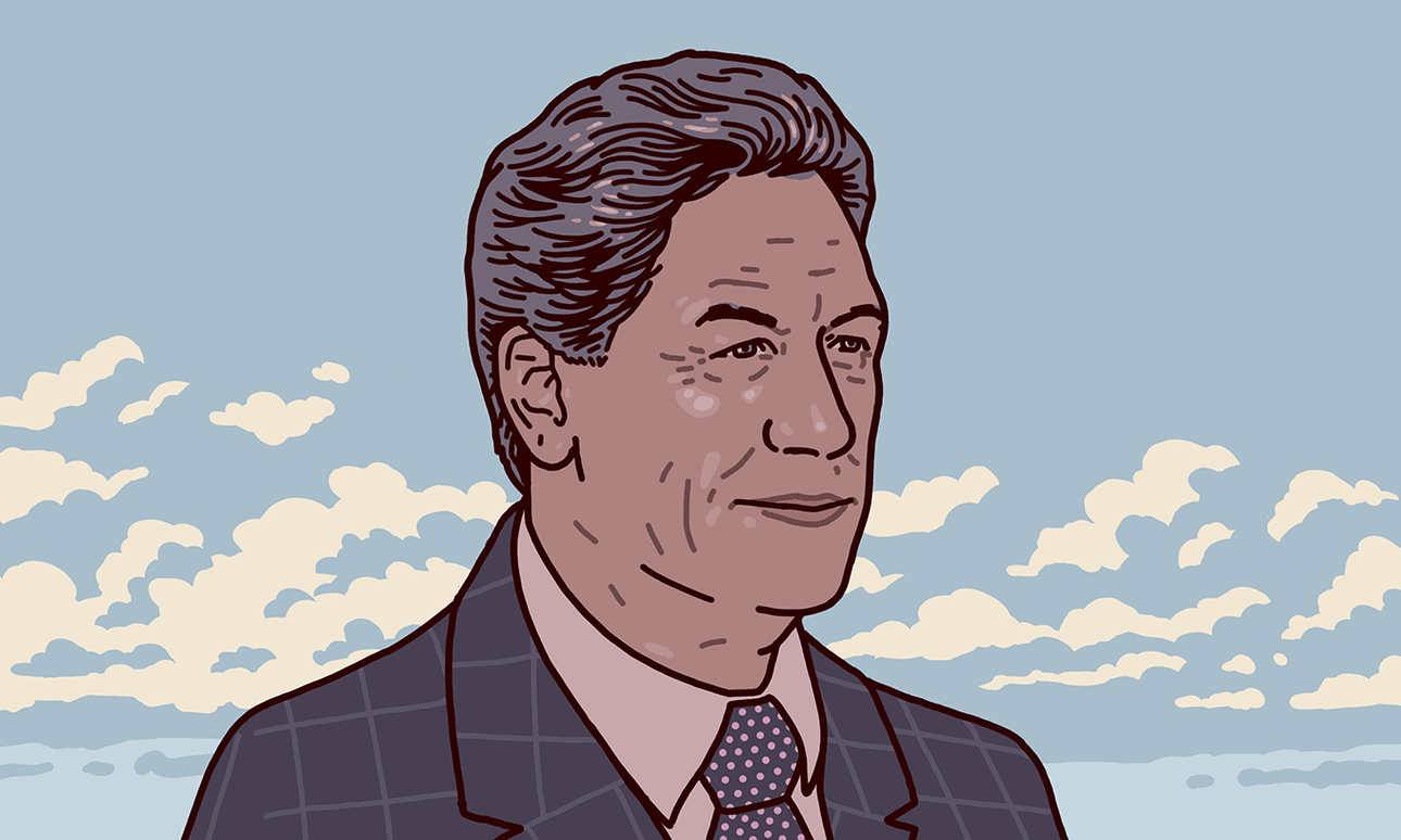 a māori man with bron skiin, in a suit, infront of a cloudy sky