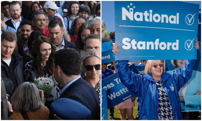 Jacinda Ardern in Onehunga and Judith Collins in Rosedale today (Photo: Phil Walter/Dave Rowland/Getty Images) 
