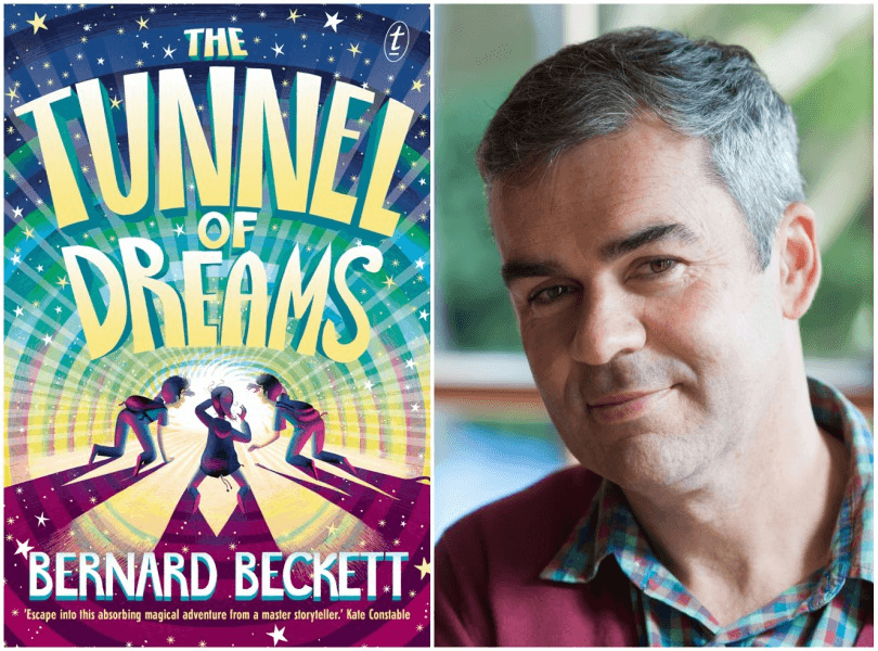 Author Bernard Beckett and the cover of his book, The Tunnel of Dreams