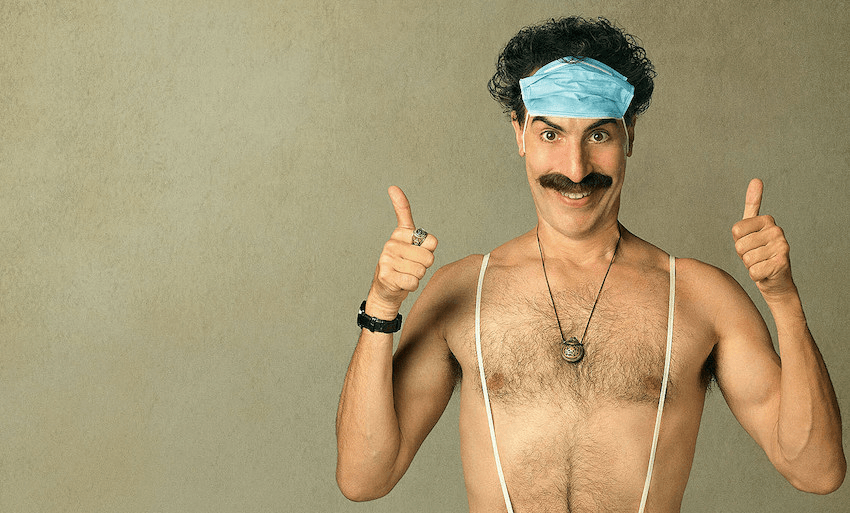 A promo image for Borat Subsequent Moviefilm: Delivery of Prodigious Bribe to American Regime for Make Benefit Once Glorious Nation of Kazakhstan (supplied) 
