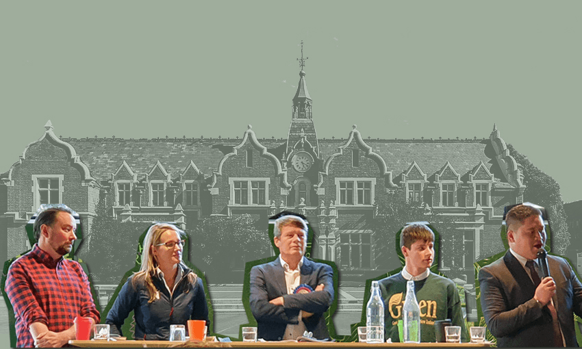 The Selwyn candidates listening to NZ First’s Jay McLaren-Harris talk at Lincoln University (Photo: Alex Braae) 
