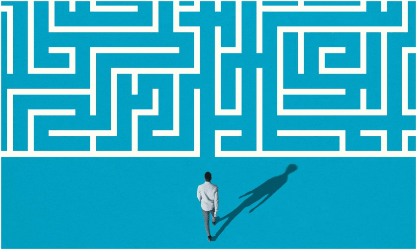 illustration of man walking into maze