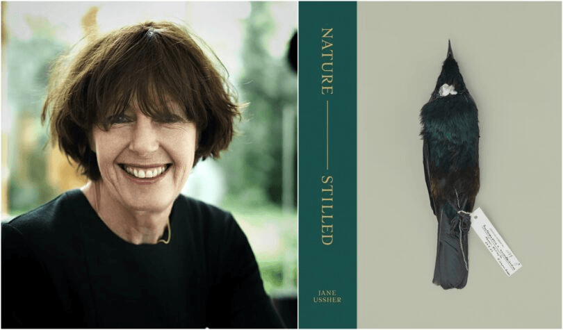 Portrait shot of photographer Jane Ussher and the cover of her book Nature – Stilled