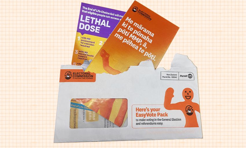 The envelopes included both the official information and a ‘no vote’ flyer. Image: Tina Tiller / The Spinoff 
