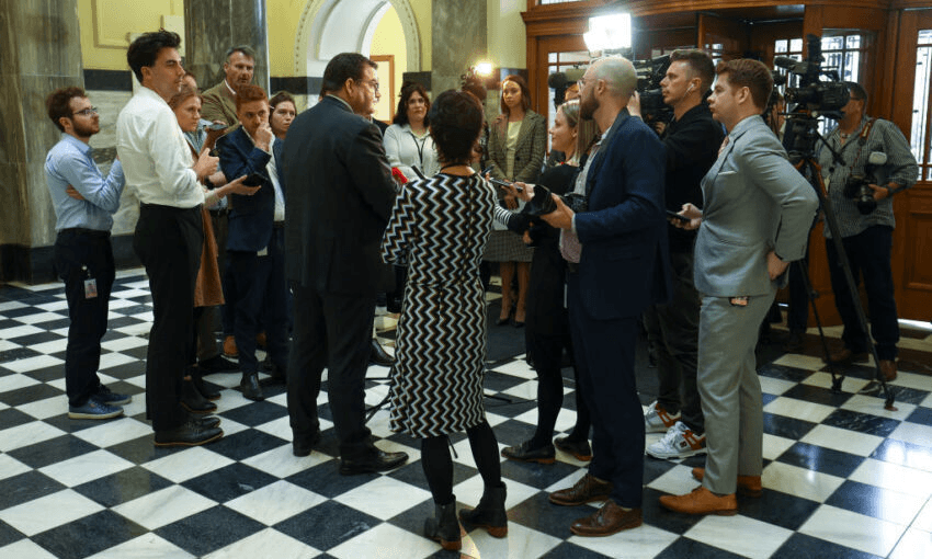 Grant Robertson speaks to media shortly after the cabinet was announced by Jacinda Ardern earlier this week.  (Photo by Hagen Hopkins/Getty Images) 
