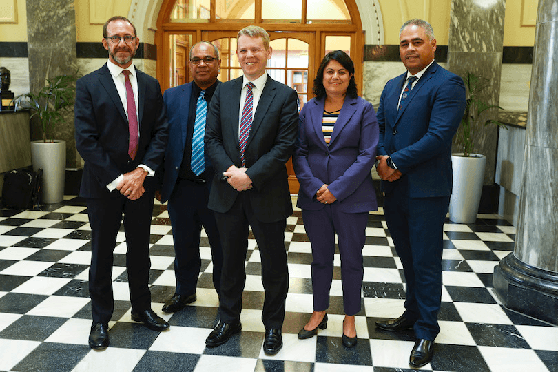 The government’s health team, from left, Andrew Little, Aupito William Sio, Chris Hipkins, Ayesha Verrall and Peeni Henare (Photo: Hagen Hopkins/Getty Images) 

