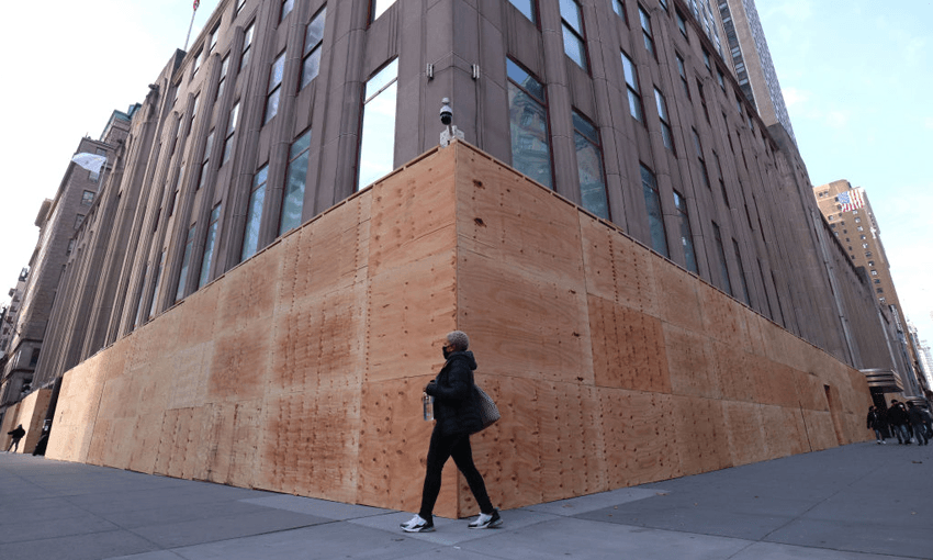 Boarding covers the windows of the Empire State Building on election day in New York City (Photo by Gary Hershorn/Getty Images) 
