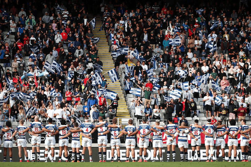 Auckland sing the national anthem with the crowd during the Mitre 10 Cup Final between Auckland 