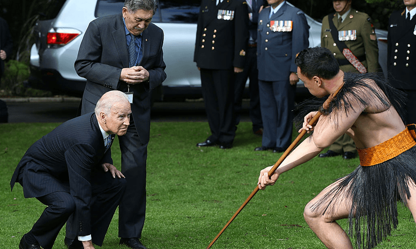 Joe Biden, then vice president, experiences a traditional Māori welcome  with Kaumatua Lewis Moeau at Government House on July 21, 2016 in Auckland, New Zealand (Photo: Fiona Goodall/Getty Images) 
